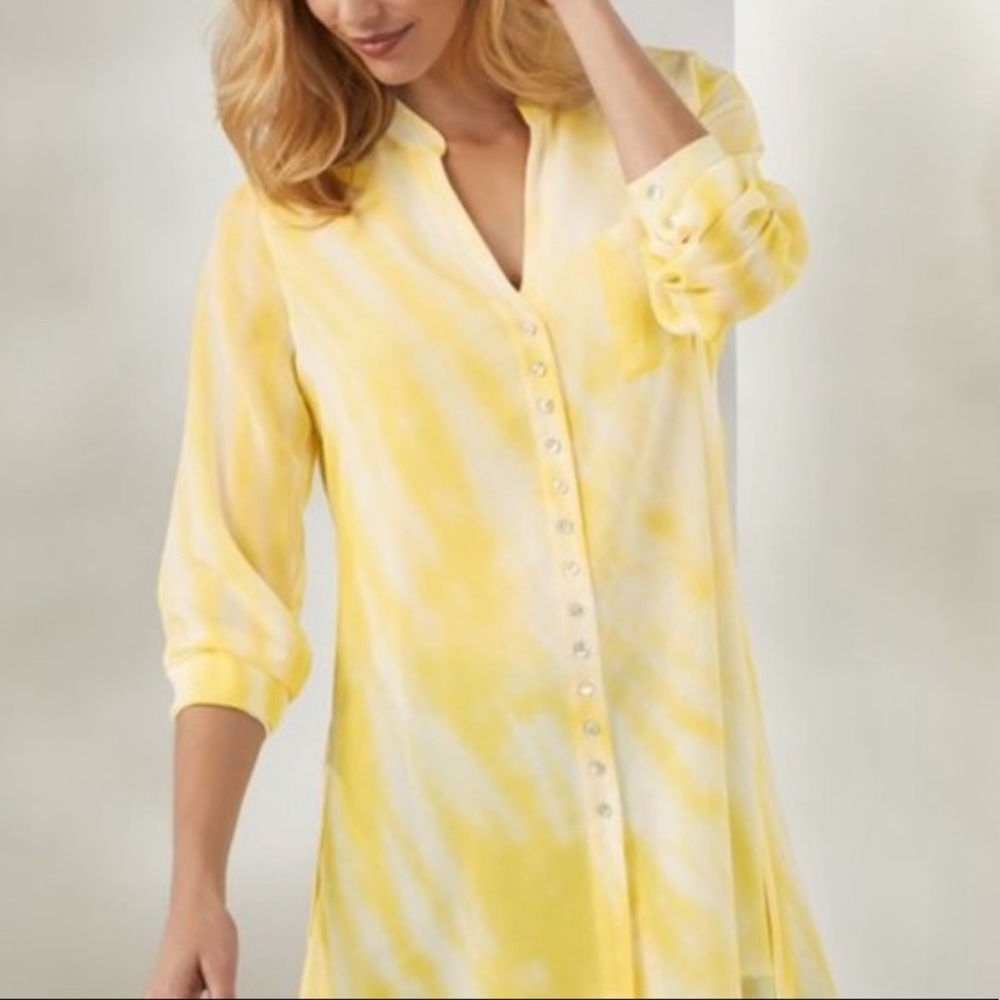 Soft Surroundings Yellow White Tie Dye Crepe Costa Del Sol Tunic Top Blouse Sz M